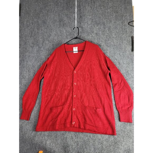 Vintage 80's Uniform Mills Cardigan Sweater Men Sz XL Red V NECK Knit USA Office - Picture 1 of 10